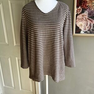 Chico's Mixed Stripe Tunic Top 3/4 Sleeve Neutral Browns Fall Casual 2 Chic